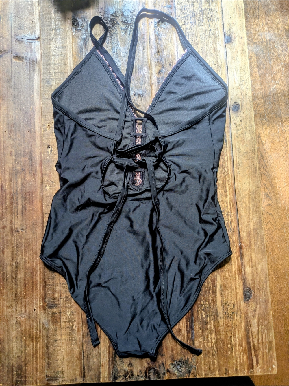 BECCA Black One-Piece Plunging Neckline Swimsuit with Crochet Trim - Picture 2 of 3